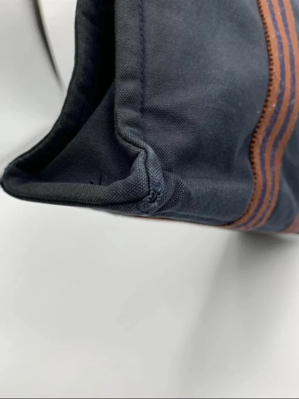Hermes Navy Canvas Tote with Brown Striped Handles